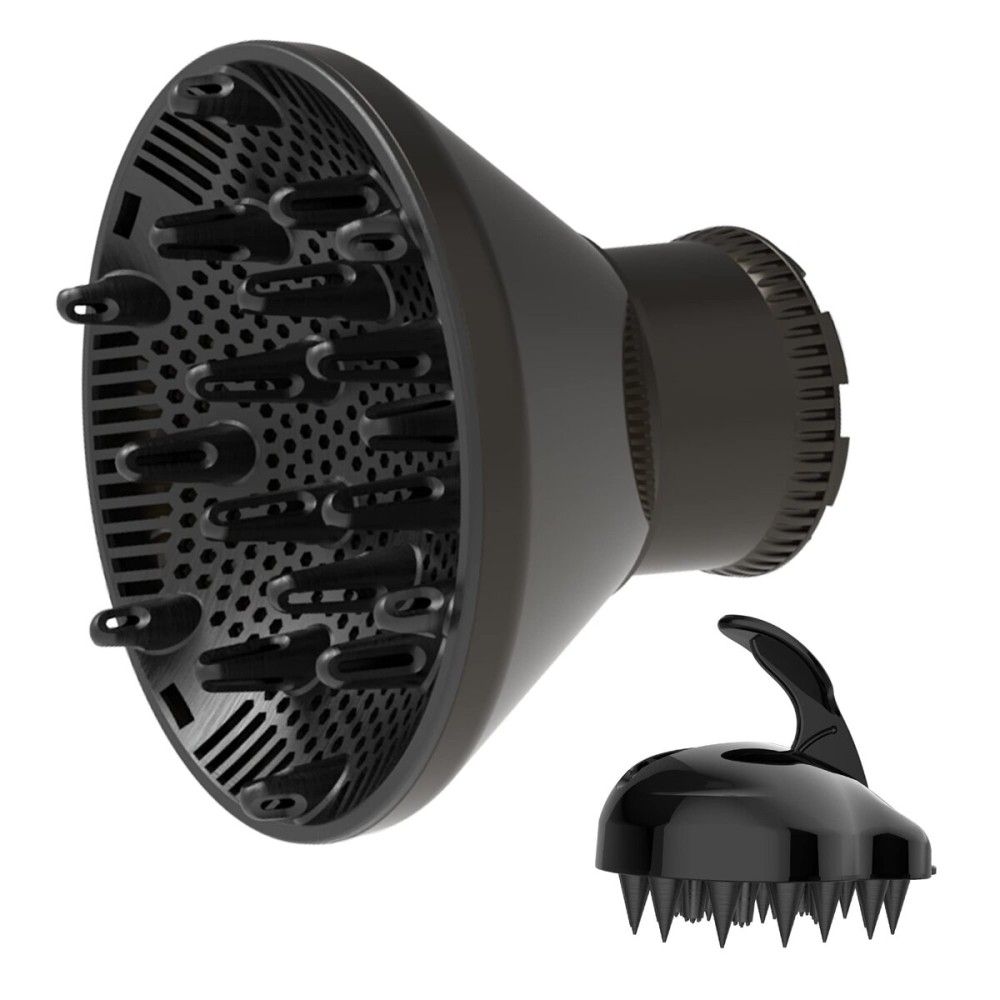 Universal Hair Diffuser Adaptable Hair Dryer Attachment for Blow Dryer Nozzles from 1.7 to 2.2 inch Diameter (Black with Shampoo Brush)