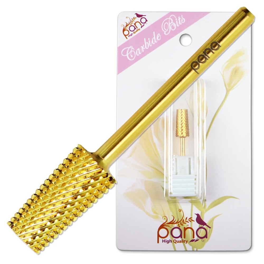 PANA Tapered Barrel Carbide 3/32 Shank Size - (Gold, Medium Grit) - Fast remove Acrylic or Hard Gel Nail Drill Bit for Manicure Pedicure Salon Professional or Beginner