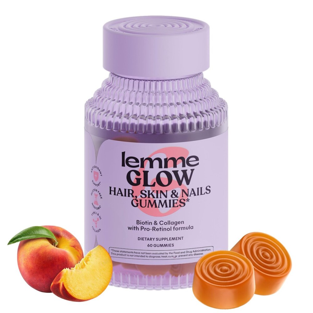 Lemme Glow Collagen Gummies for Thick Hair, Strong Nails & Healthy Skin with Multi-Collagen Peptides, Biotin, Trace Minerals, Zinc, Vitamins A, C & E, Dairy & Gluten Free, Peach Flavor, 60 ct.