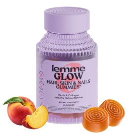 Lemme Glow Collagen Gummies for Thick Hair, Strong Nails & Healthy Skin with Multi-Collagen Peptides, Biotin, Trace Minerals, Zinc, Vitamins A, C & E, Dairy & Gluten Free, Peach Flavor, 60 ct.