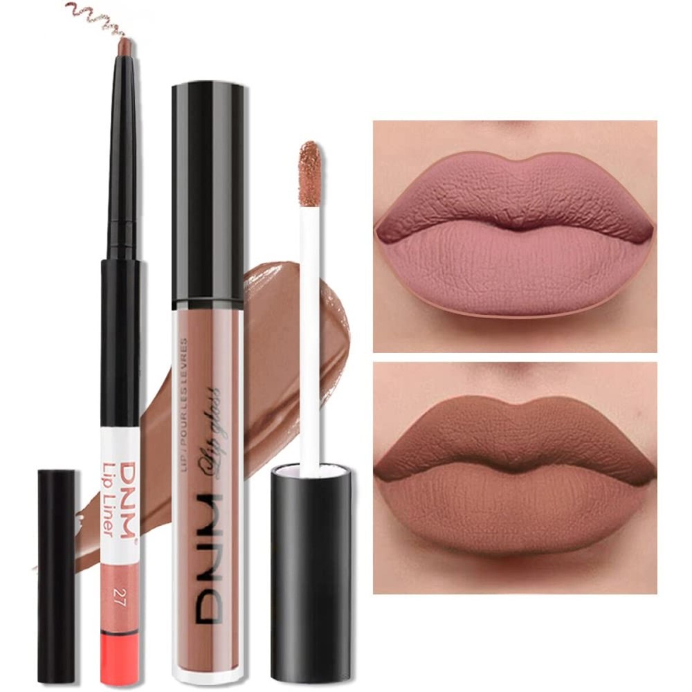 evpct 2Pcs Nude Brown Lip Liner and Matte Lipstick Makeup Sets, Vegan Lipstick Lip Liner and Gloss Stain Set Long Lasting Waterproof labiales mate 24 horas originales matte larga duracion 24 27