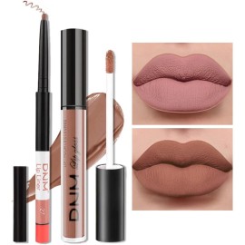 evpct 2Pcs Nude Brown Lip Liner and Matte Lipstick Makeup Sets, Vegan Lipstick Lip Liner and Gloss Stain Set Long Lasting Waterproof labiales mate 24 horas originales matte larga duracion 24 27