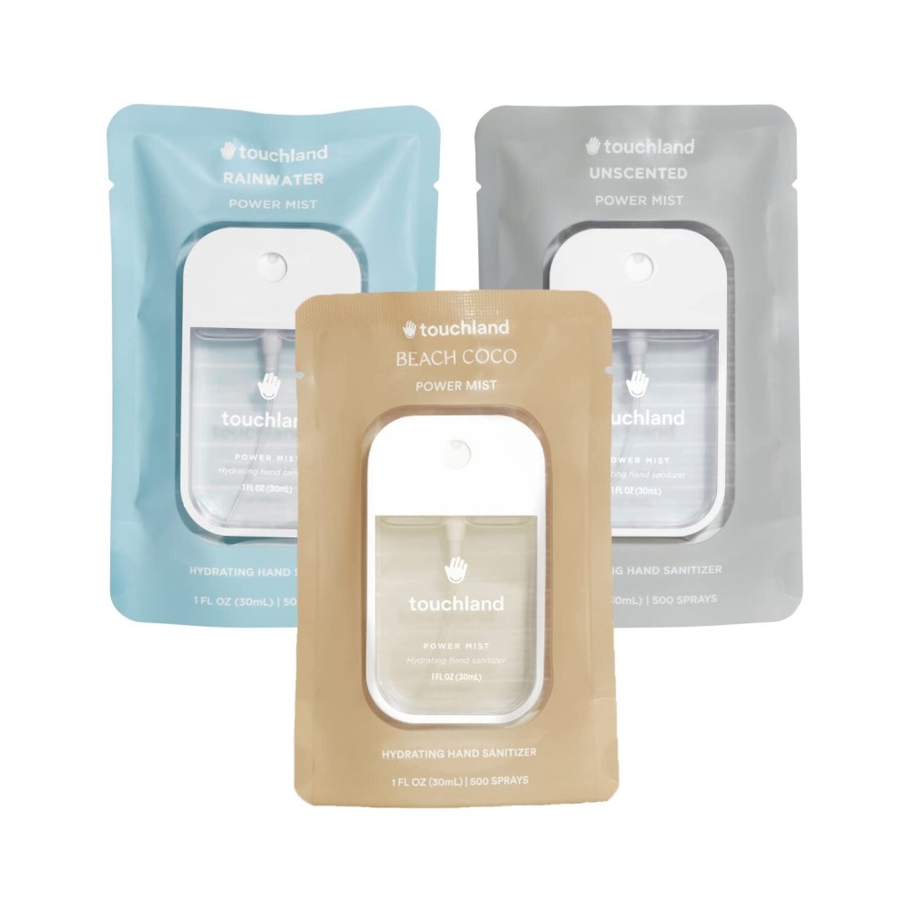 Touchland Hydrating Hand Sanitizer Spray, DYE FREE Trio Set (Rainwater, Unscented, Beach Coco), 1 FL. OZ. Travel Size Power Mist Sprays (Set of 3)