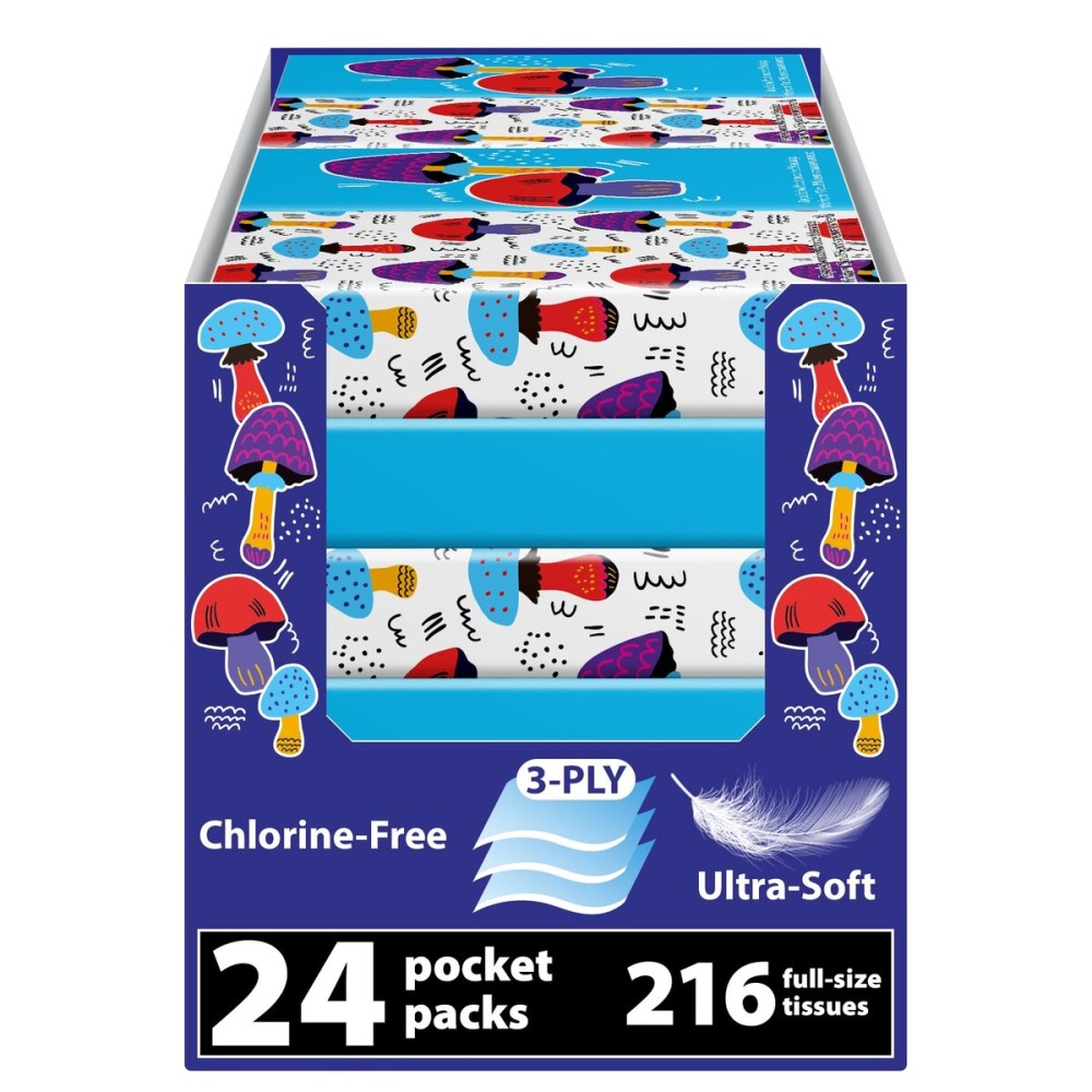 Travel Tissue Packs - 24 Compact 3-Ply Packs (216 Total), Soft Chlorine-Free Facial Tissues for Purse, Car, or School, Gentle & Durable, Non-Bleach, Whimsical Mushroom Design