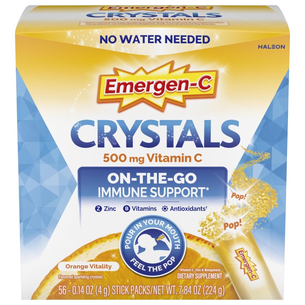Emergen-C Crystals, On-the-Go Emergen-C Immune Support Supplement with Vitamin C, B Vitamins, Zinc and Manganese, Orange Vitality - 56 Stick Packs