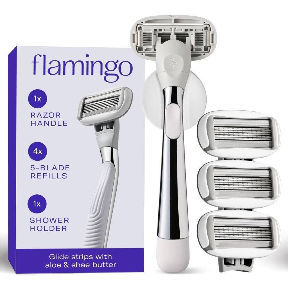 Flamingo Shaving Razor Set for Women - Razor Handle, 4 Razor Blade Refills, Shower Holder - Chrome