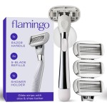 Flamingo Shaving Razor Set for Women - Razor Handle, 4 Razor Blade Refills, Shower Holder - Chrome