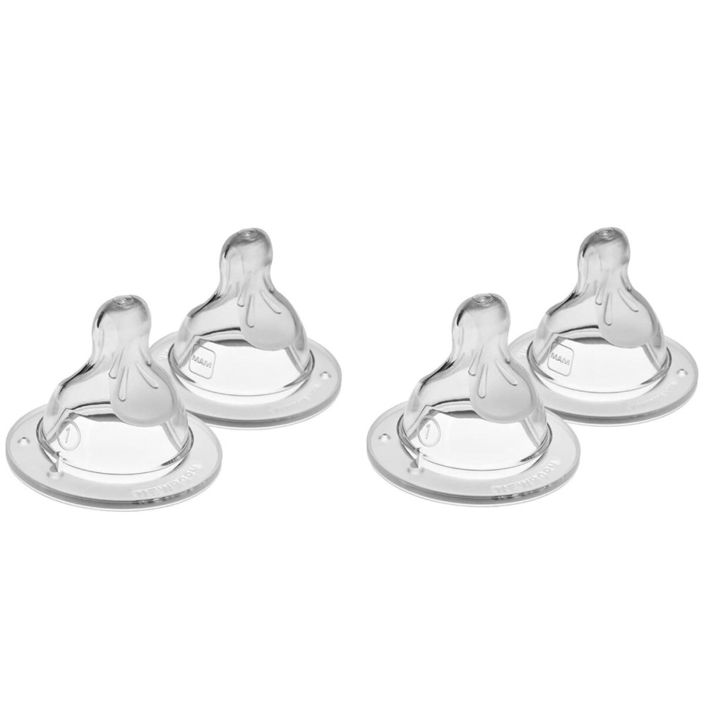 MAM Bottle Nipples Slow Flow Nipple Level 1, for Newborns and Older, SkinSoft Silicone Nipples for Baby Bottles, Fits All MAM Bottles, 4 Pack