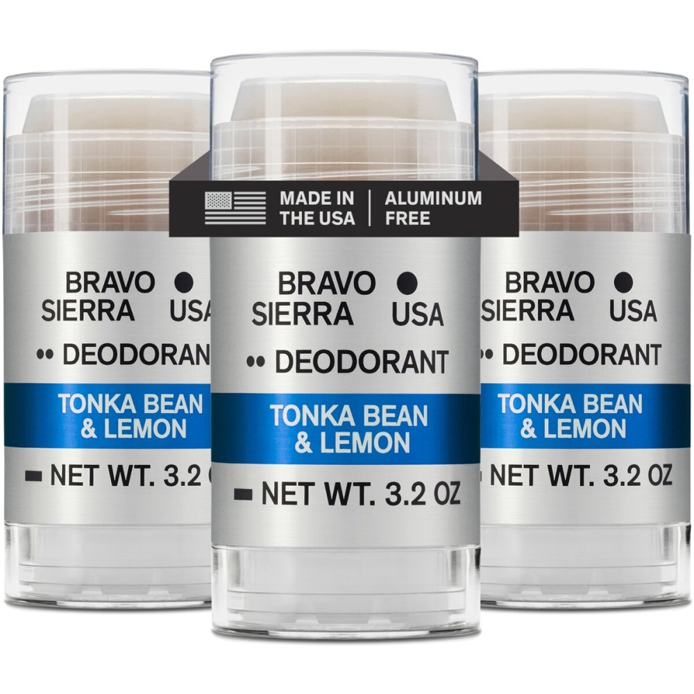 Aluminum-Free Deodorant for Men by Bravo Sierra, 3-Pack -Contains Natural Ingredients -Long Lasting All-Day Odor and Sweat Protection -Tonka Bean and Lemon, 3.2 oz - Paraben-Free, Vegan & Cruelty-Free