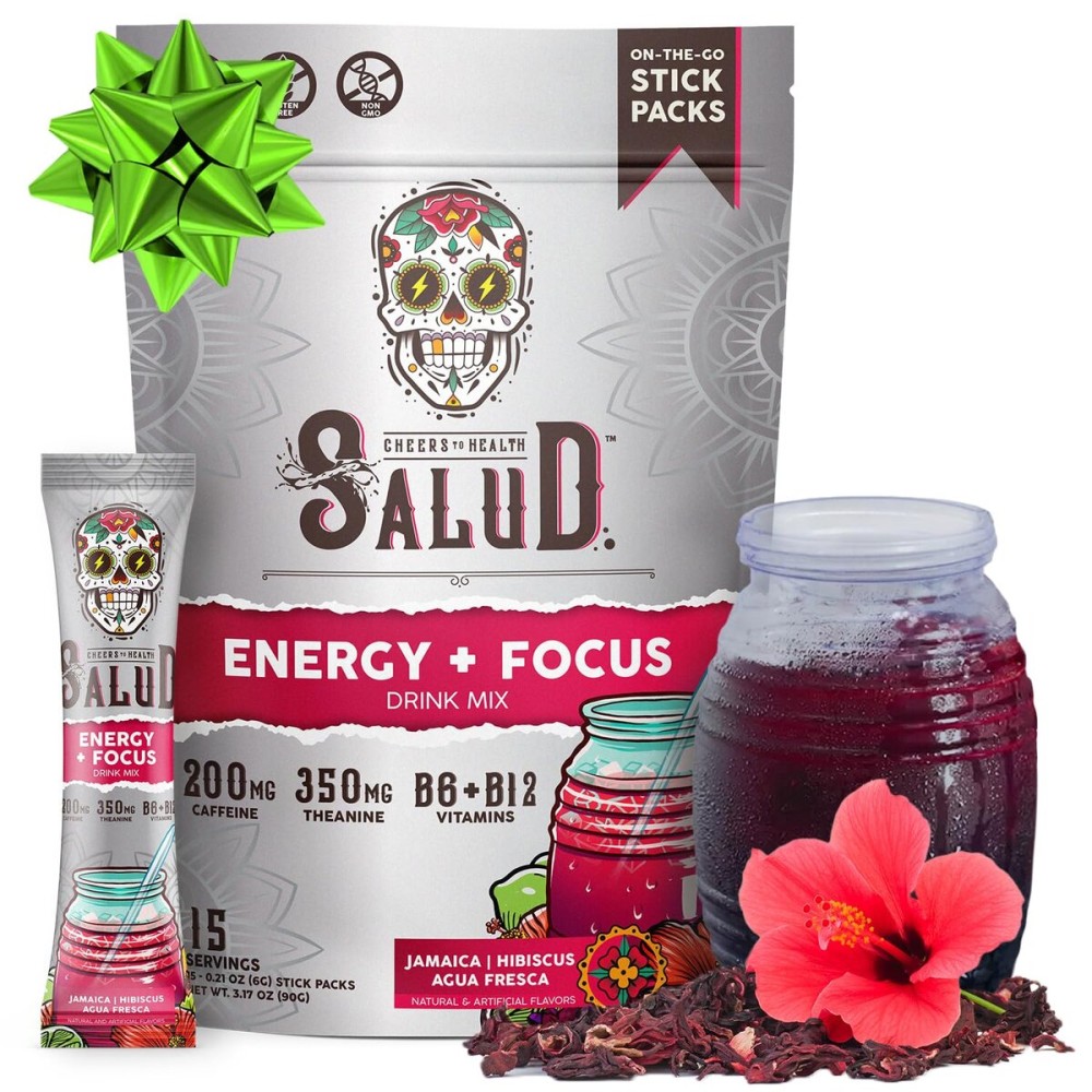 Salud 2-in-1 Energy Drink Powder + Focus, Hibiscus, Organic Caffeine, B6 + B12, Theanine, Clean Energy Drink Packets, Jamaica Agua Fresca Mix, Non-GMO, Gluten Free, Vegan, 1g of Sugar, (15 Servings)