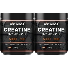 NatureBell 2 Pack Instant Creatine Monohydrate Powder 500g, 5,000mg Per Serving | Micronized, Pure, & Unflavored | Pre-Workout | Keto, Vegan, Filler-Free | 200 Servings (2.2 lb)