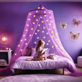 Purple Canopy for Girls Bed with Pre-Glued Glow in The Dark Unicorns - Princess Mosquito Net Room Decor - Kids & Baby Bedroom Tent with Galaxy Lights - 1 Opening Canopy Bed & Hanging Kit Included