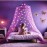 Purple Canopy for Girls Bed with Pre-Glued Glow in The Dark Unicorns - Princess Mosquito Net Room Decor - Kids & Baby Bedroom Tent with Galaxy Lights - 1 Opening Canopy Bed & Hanging Kit Included