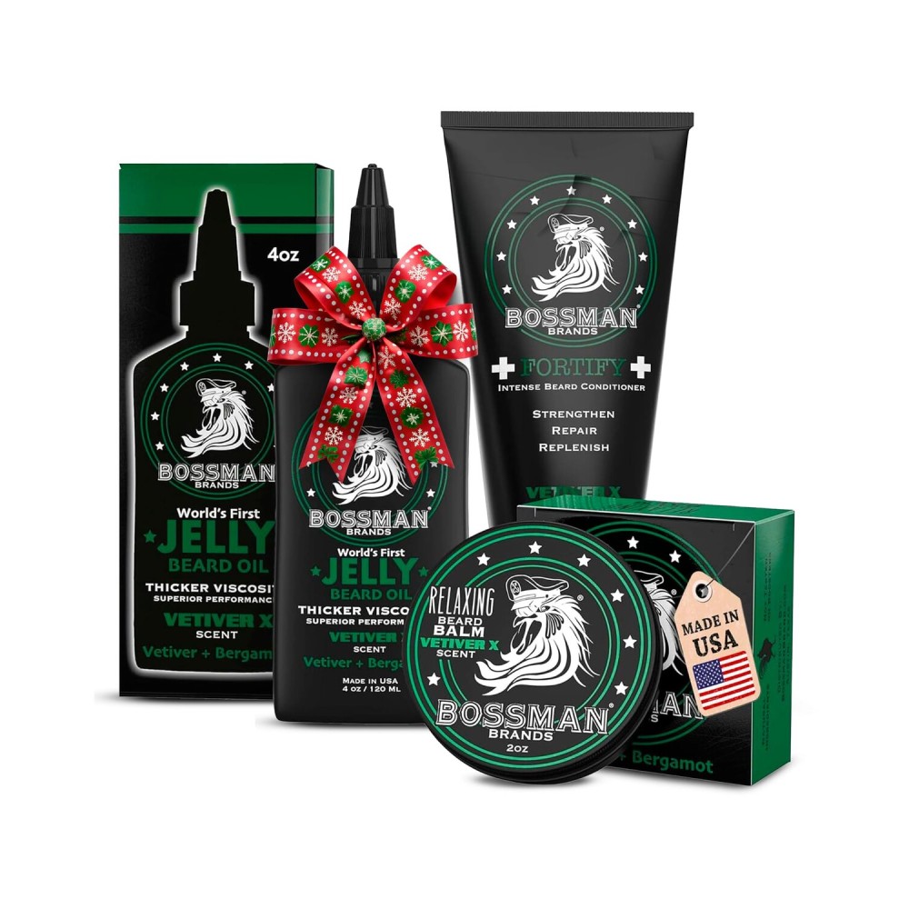 Bossman Essentials Beard Kit for Men, Set of 3 - Beard Oil Jelly, Fortifying Conditioner Cream, Beard Balm - Grooming Growth Care Accessories - Gift Set for Men (Vetiver X)
