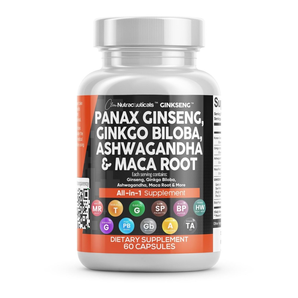 Clean Nutraceuticals Panax Ginseng Ginkgo Biloba Ashwagandha Maca Root - Focus Supplement Pills for Women and Men with Pine Bark Extract, Garlic, and Saw Palmetto - 60 Caps