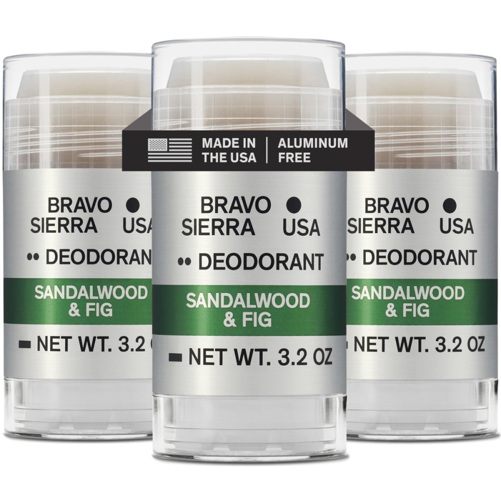Aluminum-Free Deodorant for Men by Bravo Sierra, 3-Pack - Contains Natural Ingredients - Long Lasting All-Day Odor and Sweat Protection - Sandalwood & Fig, 3.2 oz - Paraben-Free, Vegan & Cruelty-Free