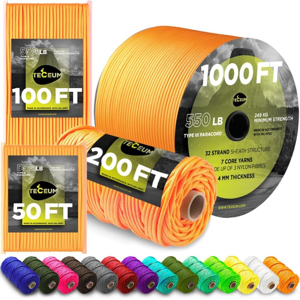 TECEUM Paracord Type III 550 Orange - 200 ft - 4mm - Tactical Rope MIL-SPEC - Outdoor para Cord -Camping Hiking Fishing Gear and Equipment - EDC Parachute Cord - Strong Survival Rope 045 n1
