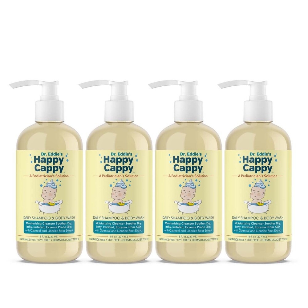Happy Cappy Baby Shampoo and Body Wash - Eczema Body Wash for Kids & Toddlers, Helps with Dryness, Reduces Itching and Redness, Dermatologist Tested, Fragrance Free - 8 Fl Oz (Pack of 4)