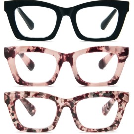REAVEE 3 Pack Oprah Style Reading Glasses for Women Blue Light Blocking Computer Square Readers with Spring Hinge 1.0