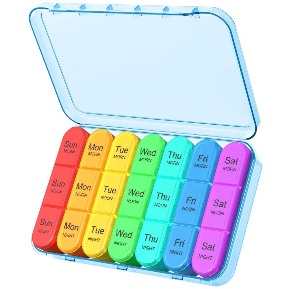 Daviky Pill Organizer Travel, Weekly Pill Organizer 3 Times a Day, Pill Box 7 Day, Pill Cases Organizers 7 Day, Daily Pill Box Organizer, Medicine Organizer to Hold Vitamins and Medication (Blue)