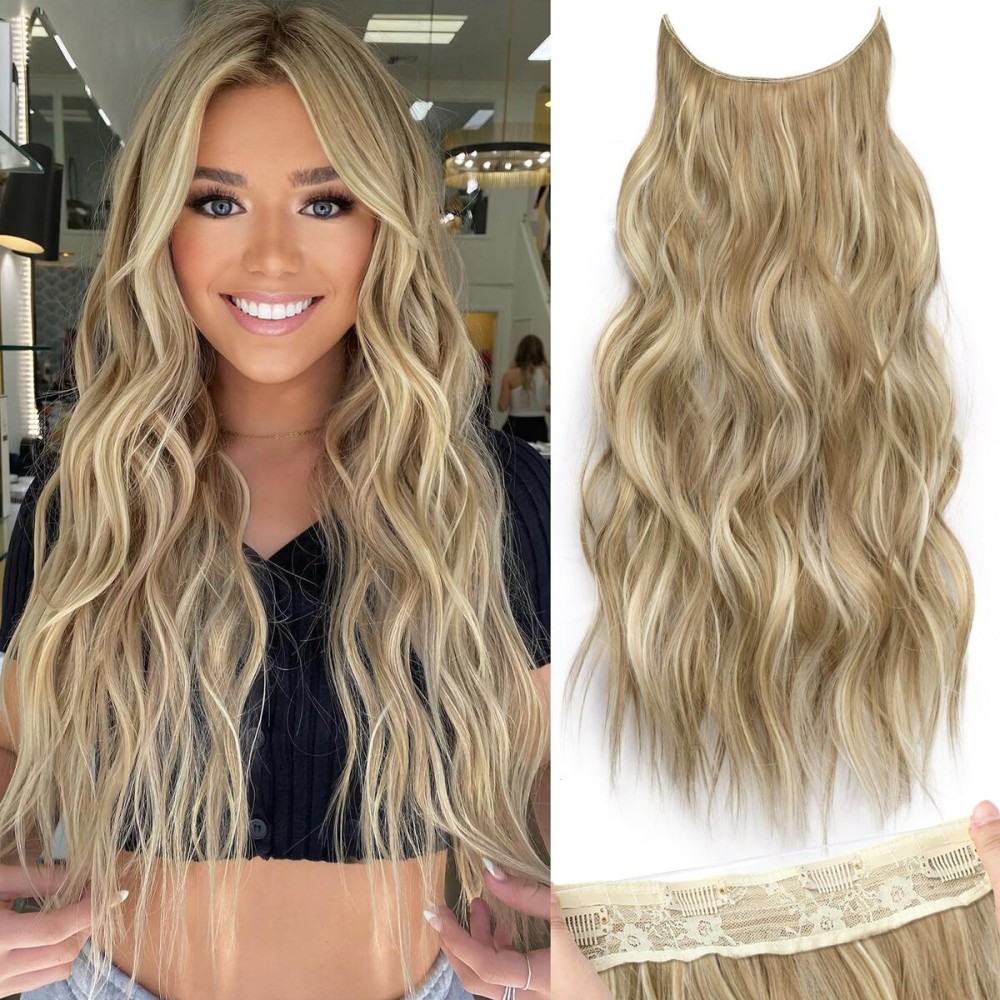 KooKaStyle Invisible Wire Hair Extensions with Transparent Wire Adjustable Size 4 Secure Clips Long Wavy Secret Hairpiece (24 Inch,Dark Ash Blonde mix Light Blonde Highlights)