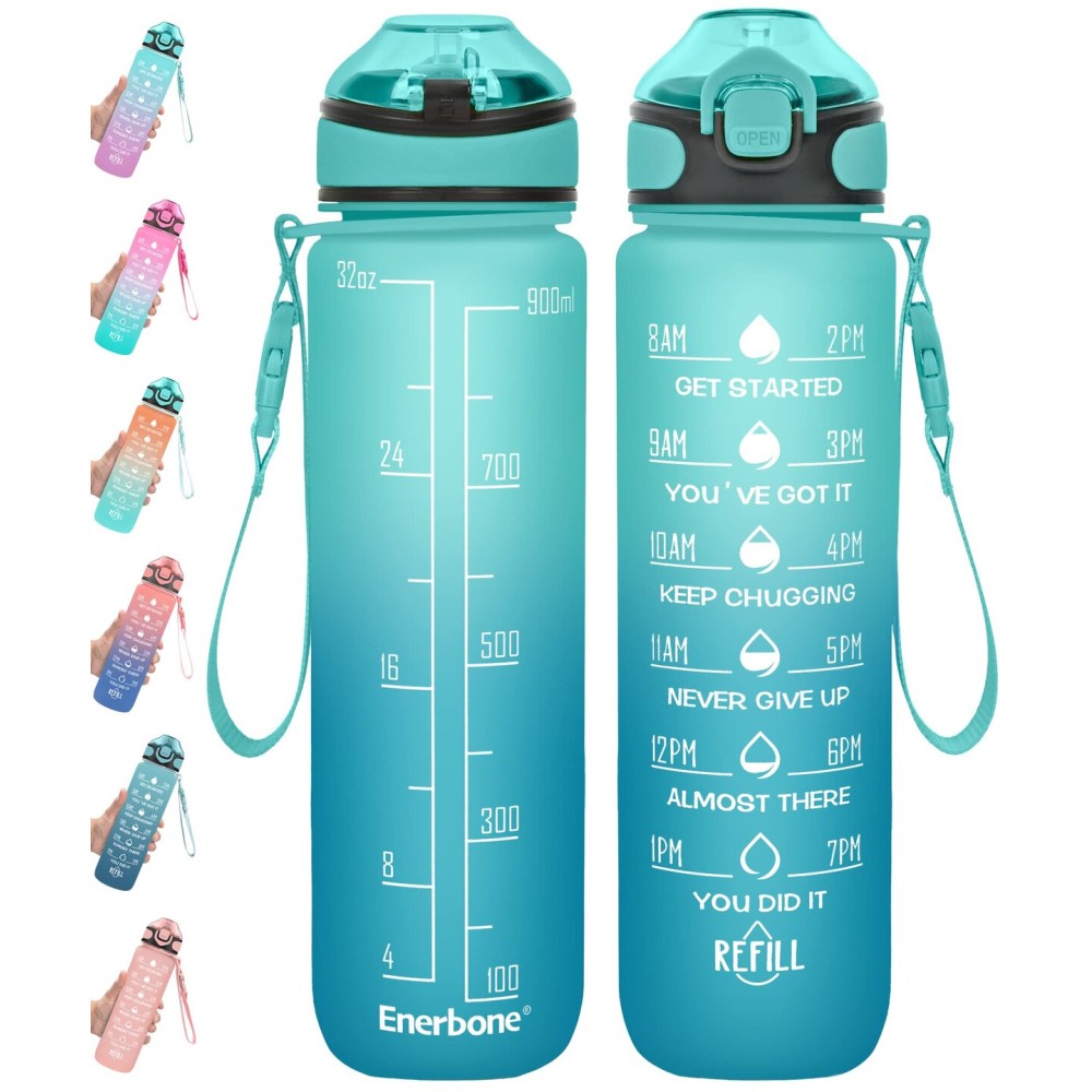 Enerbone 32 oz Drinking Water Bottle with Times to Drink and Straw, Motivational with Carrying Strap, Leakproof BPA & Toxic Free, Ensure You Drink Enough Water for Fitness Gym Outdoor