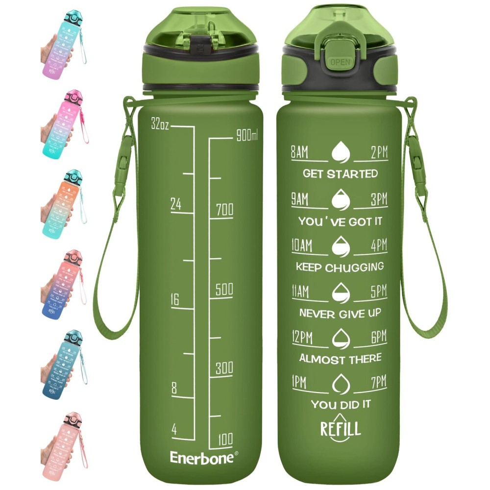 Enerbone 32 oz Drinking Water Bottle with Times to Drink and Straw, Motivational with Carrying Strap, Leakproof BPA & Toxic Free, Ensure You Drink Enough Water for Fitness Gym Outdoor