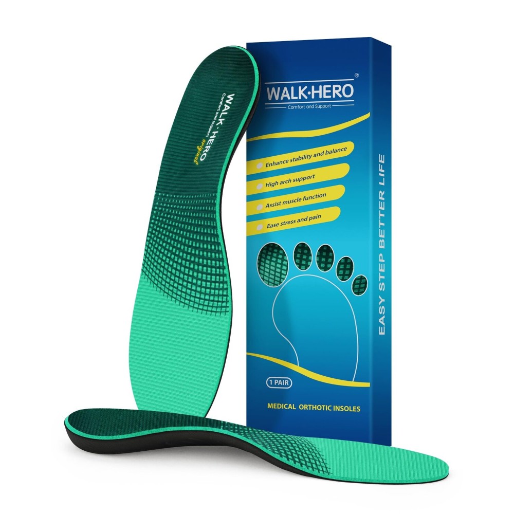 Walkhero Plantar Fasciitis Insoles - High Arch Support Inserts, Everyday Comfort and Support for Work Boots and Casual Shoes (Mens 12-12 1/2 | Womens 14-14 1/2 Green)