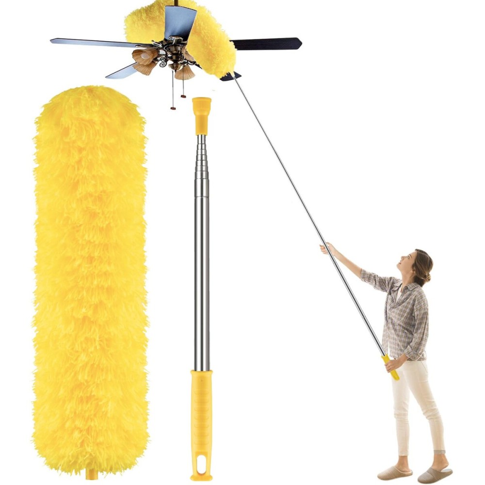 Dusters for Cleaning High Ceiling Fan, Newliton Microfiber Feather Duster with 30\'\' to 100\'\' Telescoping Extension Pole, Long Extendable Duster for Home Car Furniture Cobweb, Yellow