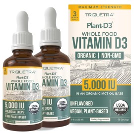 Plant-D3 Organic Vitamin D3 5000 IU - Vegan, Max Strength Sublingual Liquid D3 Drops - 200% Higher Absorption - 100% Plant-Based Cholecalciferol Form - Adjustable Dosing for All Ages (1oz - 2 Pack)
