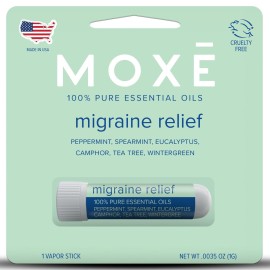 MOXE Migraine Relief Nasal Inhaler, Essential Oils for Headaches & Tension Relief, Portable Aromatherapy, Easy-to-Use, Pure & Undiluted, Peppermint, Spearmint, Eucalyptus, Tea Tree, USA Made, 1 Pack