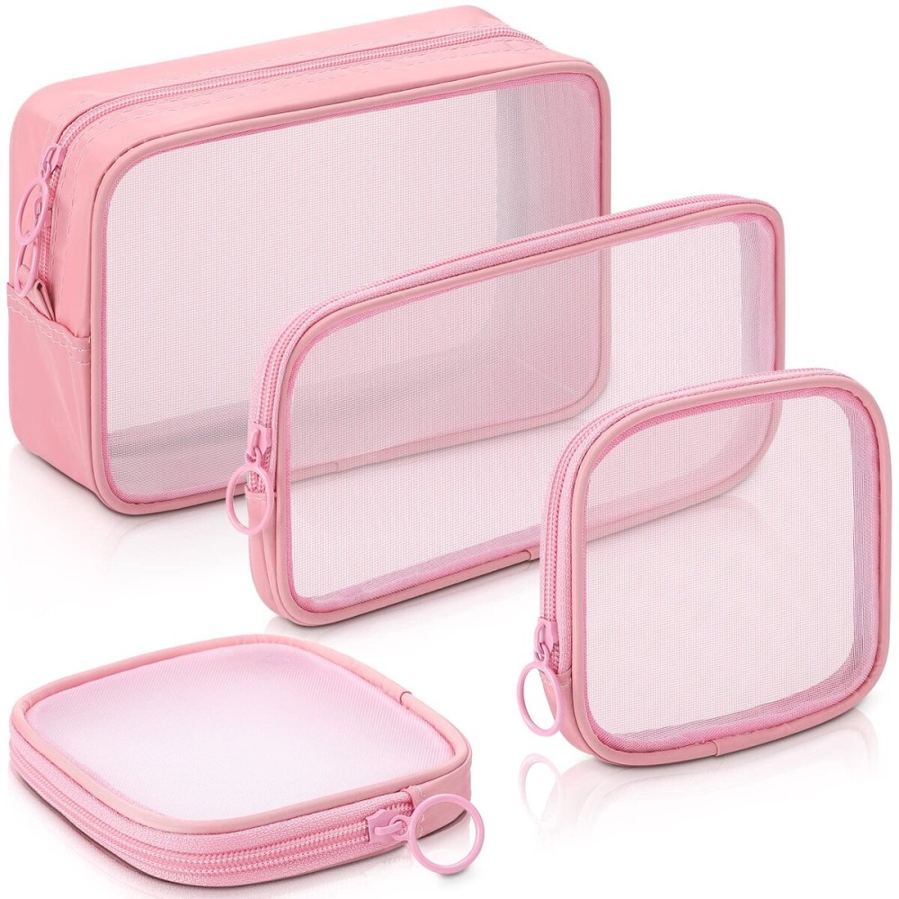 Weewooday 4 Pcs Mesh Makeup Bag Mesh Cosmetic Bag Travel Toiletry Pouch with Zipper Mini Makeup Cosmetic Purse for Daily Accessory(Small, Large, Medium,Pink)