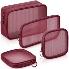 Weewooday 4 Pcs Mesh Makeup Bag Mesh Cosmetic Bag Travel Toiletry Pouch with Zipper Mini Makeup Cosmetic Purse for Daily Accessory(Small, Large, Medium,Wine Red)