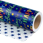 WRAPAHOLIC Reversible Birthday Wrapping Paper - Mini Roll - 17 Inch X 33 Feet - Blue Star Happy Birthday Wrapping Paper for Men, Adult, Boy, Baby Shower, Holiday