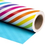 WRAPAHOLIC Reversible Wrapping Paper - Mini Roll - 17 Inch x 33 Feet - Rainbow Stripe and Solid Blue Design for Birthday, Celebration, Baby Shower