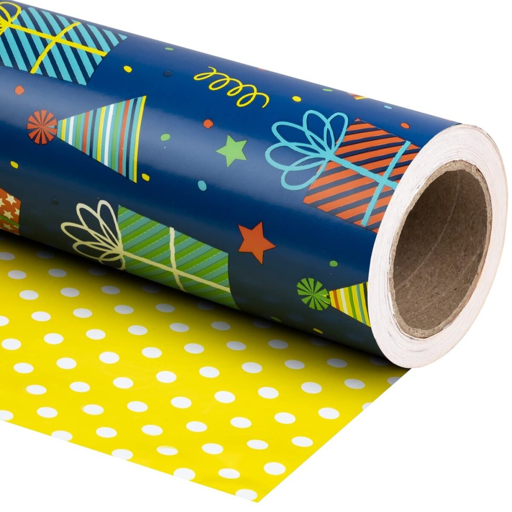 WRAPAHOLIC Reversible Birthday Wrapping Paper - Mini Roll - 17 Inch X 33 Feet - Gift Boxes and Polka Dot Design for Birthday, Party, Baby Shower