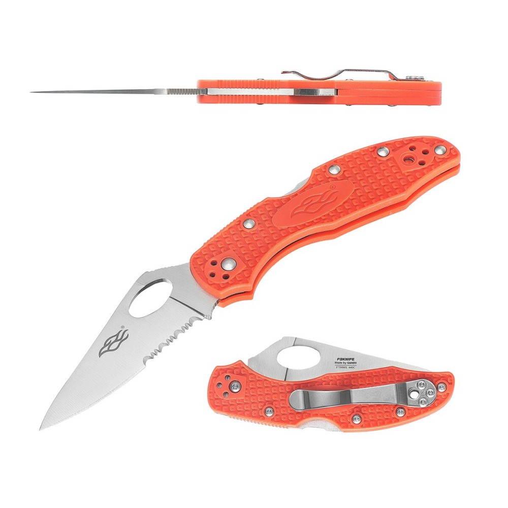 Firebird GANZO F759MS-OR Pocket Folding Knife 440C Stainless Steel Serrated Blade Anti-Slip Handle with Clip Fishing Camping EDC Utility Pocket Knife (Orange)