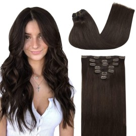 GOO GOO Clip in Hair Extensions Real Human Hair, Remy Human Hair Extensions Clip ins for Women, Natural Human Hair, 12inch 85g 7Pcs, 2A Light Brown