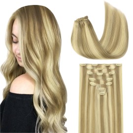 GOO GOO Clip in Hair Extensions Real Human Hair, Remy Human Hair Extensions Clip ins for Women, Natural Human Hair, 12inch 85g 7Pcs, 16/22 Light Blonde Highlighted Golden Blonde