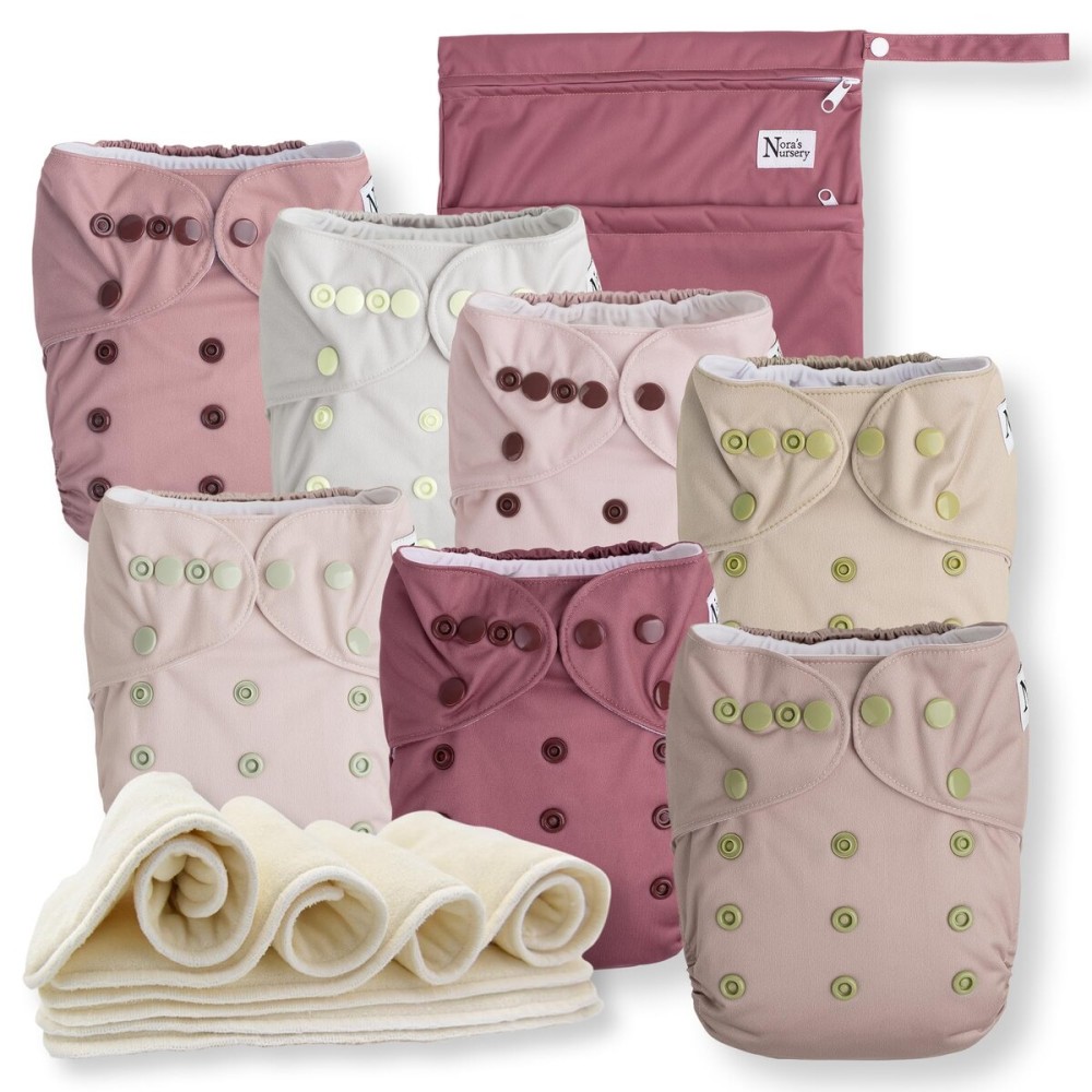 Nora\'s Nursery Cloth Diapers 7 Pack with 7 Inserts & 1 Wet Bag - Waterproof Cover, Washable, Reusable & One Size Adjustable Pocket Diapers for Newborns and Toddlers - Ballet Slippers