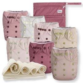 Nora\'s Nursery Cloth Diapers 7 Pack with 7 Inserts & 1 Wet Bag - Waterproof Cover, Washable, Reusable & One Size Adjustable Pocket Diapers for Newborns and Toddlers - Ballet Slippers