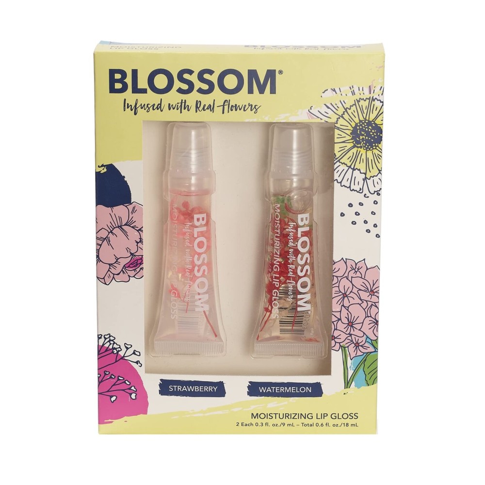 Blossom Scented Moisturizing Lip Gloss Tubes, Infused with Real Flowers, 0.6 fl. oz/18ml, 2 pack Full Size Gift Set, Strawberry/Watermelon