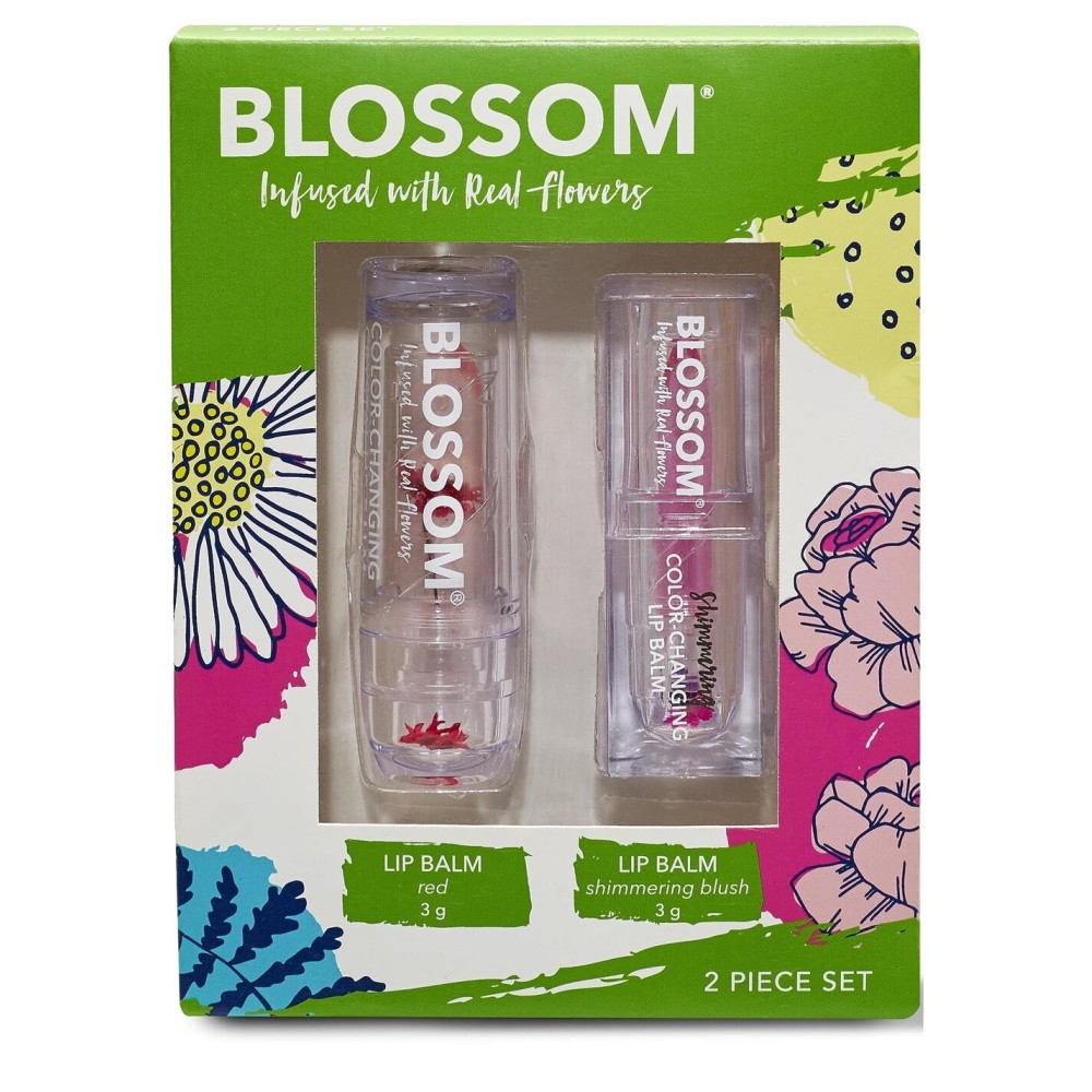 Blossom Moisturizing Scented pH Color Changing 2 pack, Strawberry Scented Crystal Lip Balm (Red), Shimmer Sparkle Lip Stain Tint (Blush), Infused with Real Flowers, 6g, Red/Blush