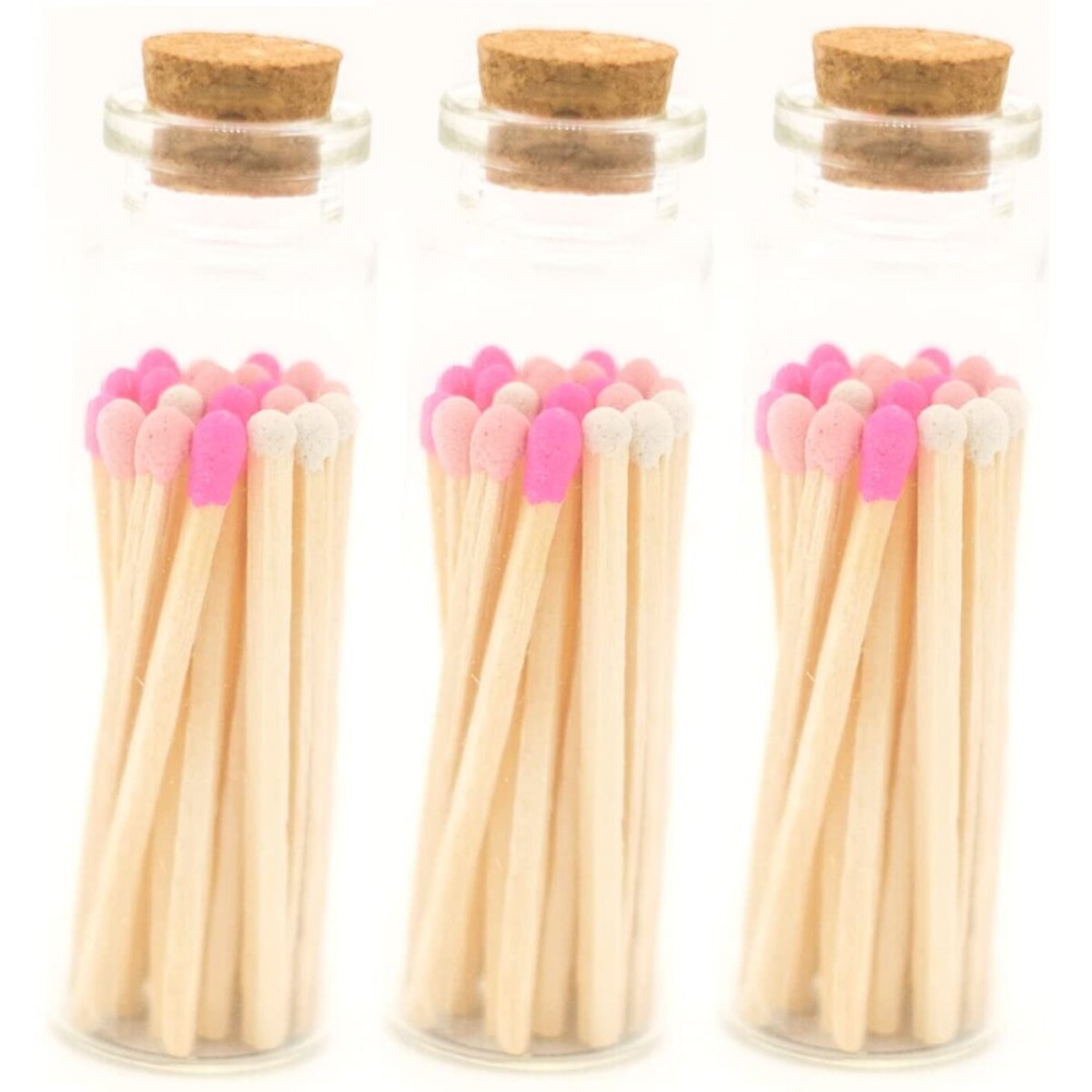 River Birch Decorative Matches in a Bottle with Striker - Cute & Colored - 3 Bottles, Shades of Pink Tip, 60 Matches