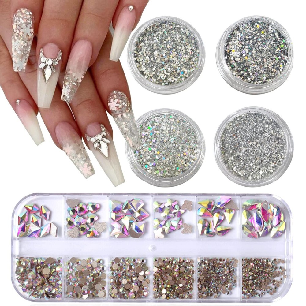 VOTACOS Nail Art Rhinestones Flatback Rhinestones Nail Charms Fine Glitter Nail Art Supplies Mixed AB Crystals Nail Gems 1mm Glitter Powder Luxury Design Nail Accessories for Women Nail Decorations.