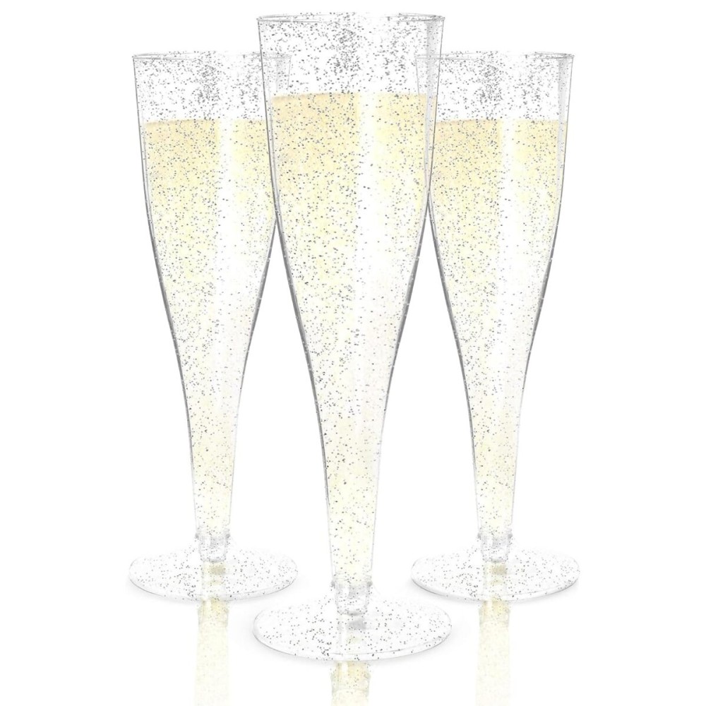 Prestee 200 Disposable Champagne Flutes Plastic 200 Pack - Silver Glitter Champagne Flutes for Weddings, Parties, and New Years Eve - 4.5 Oz Plastic Silver Party Glasses