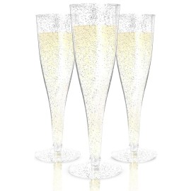 Prestee 200 Disposable Champagne Flutes Plastic 200 Pack - Silver Glitter Champagne Flutes for Weddings, Parties, and New Years Eve - 4.5 Oz Plastic Silver Party Glasses