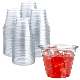 Prestee Clear Plastic Cups - 9oz Disposable PET Water, Wine, and Drink Glasses - Crystal Clear, Durable, Recyclable Party Cups - 100 Count for Holiday, Events, Coffee Shops, Restaurants