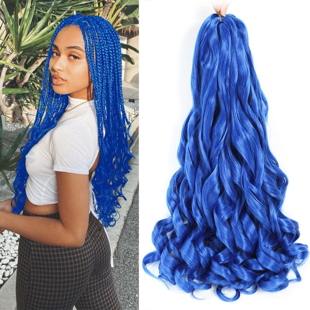 French Curly Braiding Hair 24 Inch Blue Color - Pre Stretched Bouncy Braiding Hair- Loose Wavy Synthetic Hair Extensions For Black Women (24 inch 2 packs Blue)