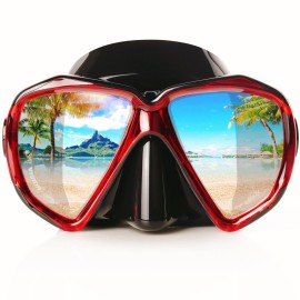 Snorkel Diving Mask Panoramic HD Swim Mask, Anti-Fog Scuba Diving Goggles,Tempered Glass Dive Mask Adult Youth Swim Goggles with Nose Cover for Diving, Snorkeling, Swimming (Z-Red)